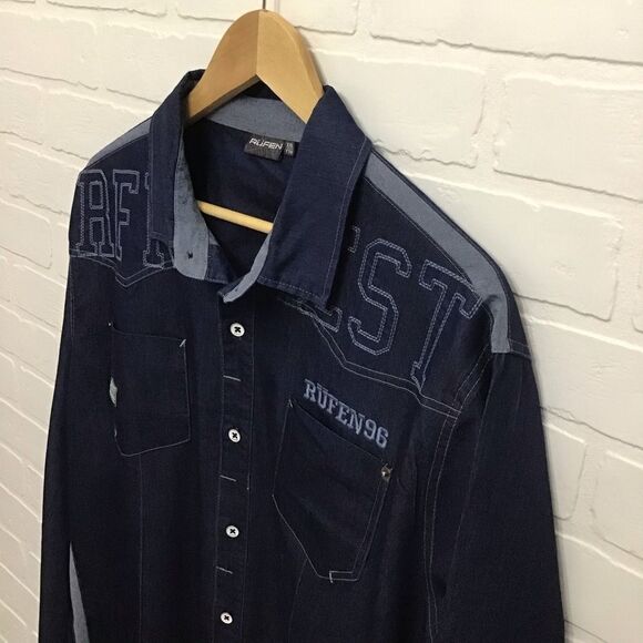RUFEN Men’s XXL Embroidered Denim Button Down Shirt | Cotton Stretch Long Sleeve - Picture 4 of 16